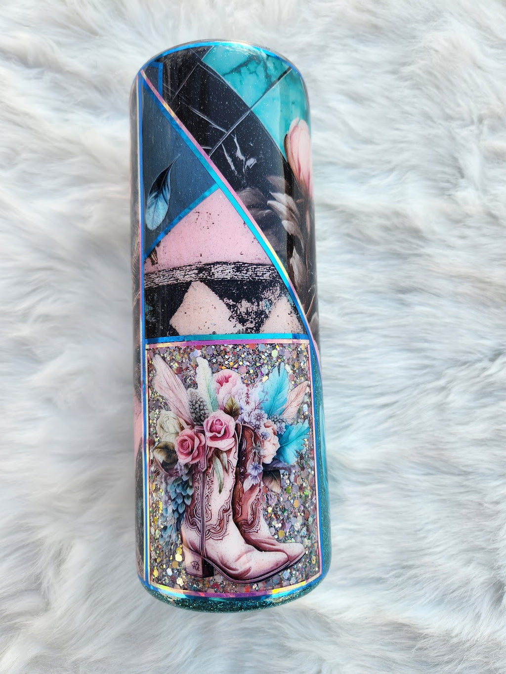 Country Chic Tumbler – Cowgirl Boots with Flowers & Feathers