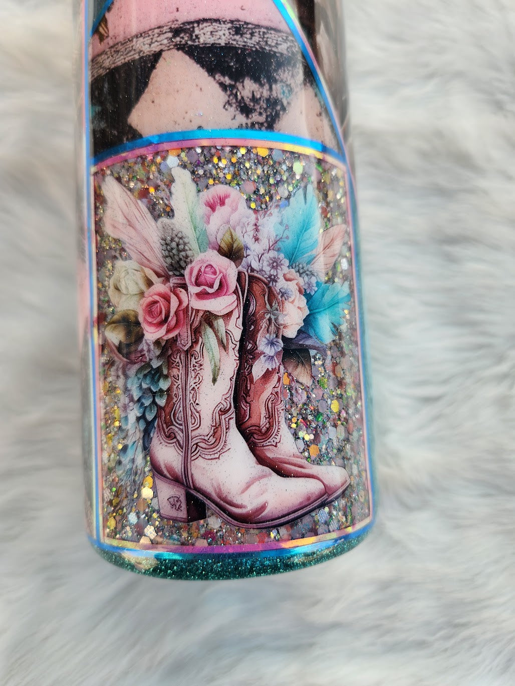 Country Chic Tumbler – Cowgirl Boots with Flowers & Feathers