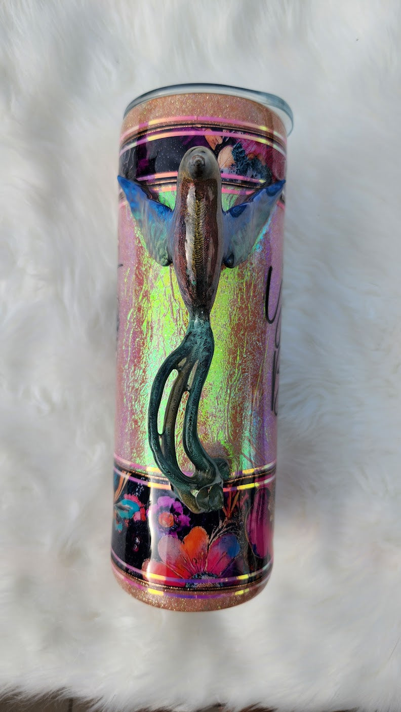 Holographic Hummingbird 3D Epoxy Tumbler – Floral Glitter Cup with Inspirational Quote- 20 ounce