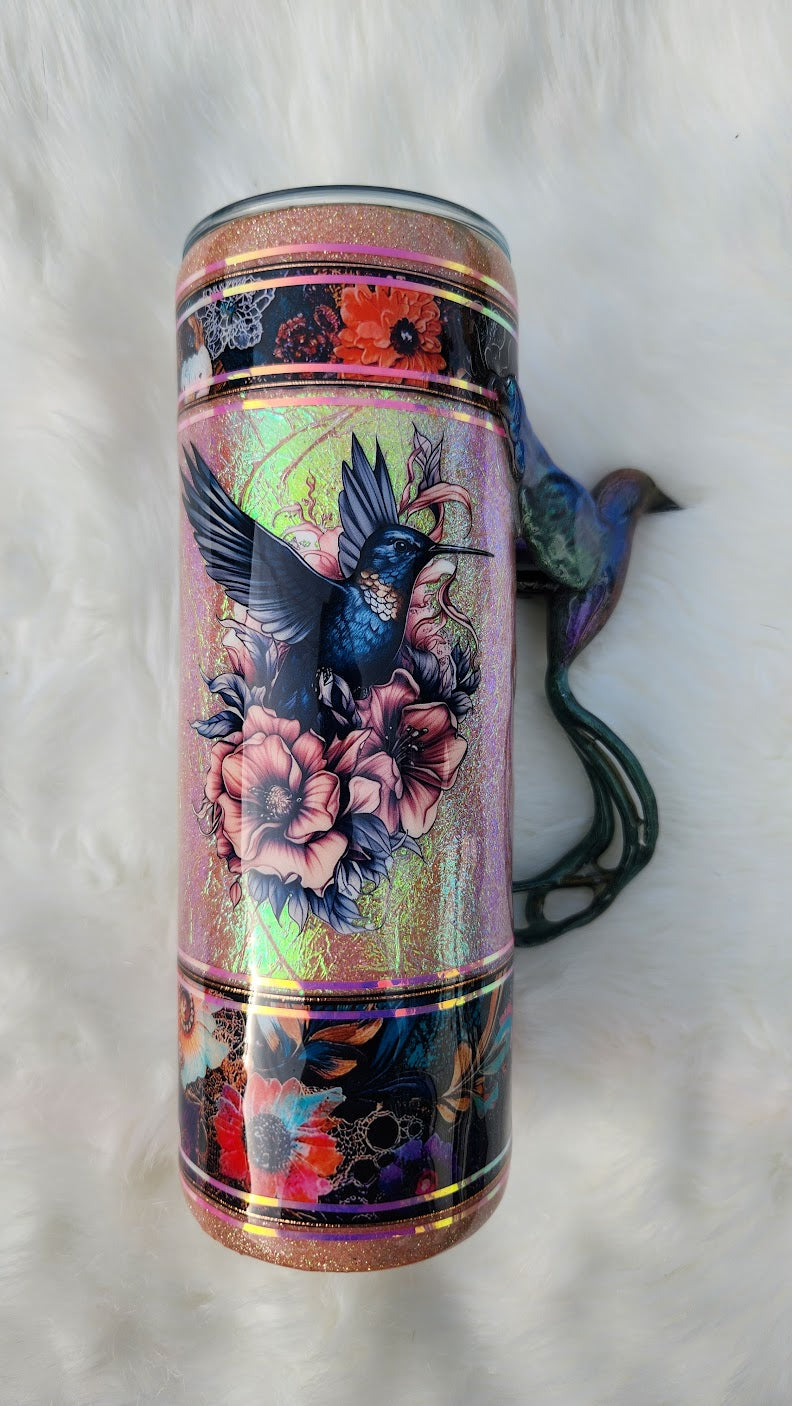 Holographic Hummingbird 3D Epoxy Tumbler – Floral Glitter Cup with Inspirational Quote- 20 ounce
